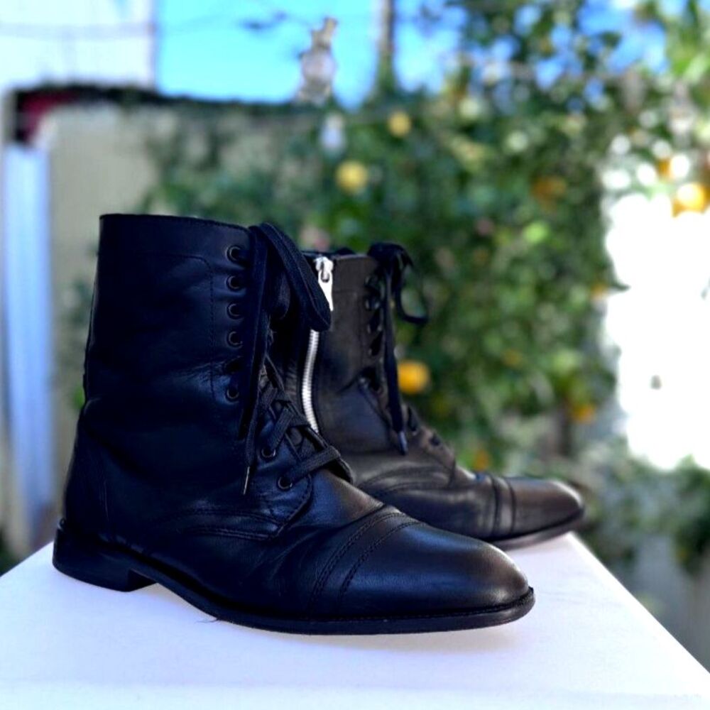 Straight to Hell Division Black 100% Leather Combat Boots SZ 9.5 Silver Side Zip